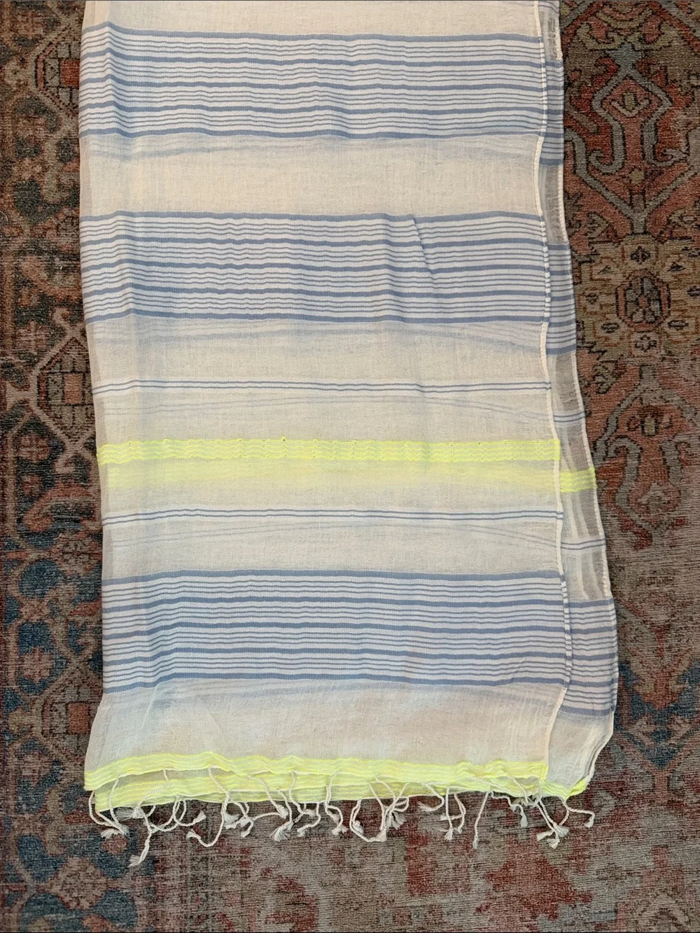 LEMLEM Blue and Neon Yellow Striped Cotton Throw Scarf with Fringe - NWT!